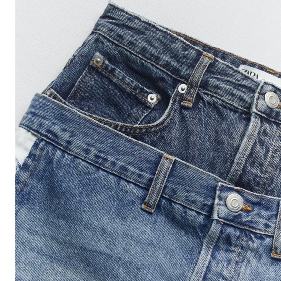 ZARA ZW Denim Mini Skirt Double Waisted Upcycled Ultra Mini Size Small - Picture 4 of 16